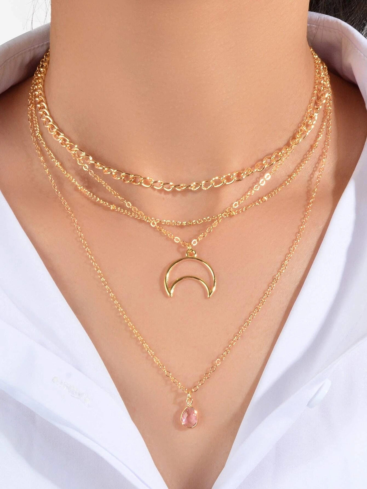 Multi-layer Gold Tone Chain Moon Water Drop Pendant Necklace Girls Party Jewelry